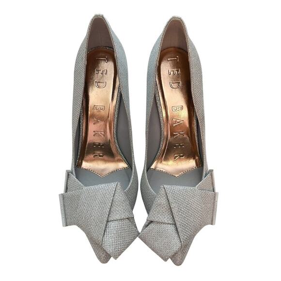 Ted Baker Silver Glitter Metallic Bow Detail Pointed Toe Linesm Pumps Size 38.5 - Picture 1 of 11